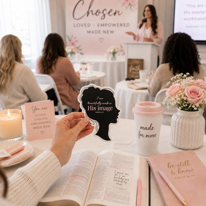Women at Bible study with Made in His Image Christian sticker and devotional supplies