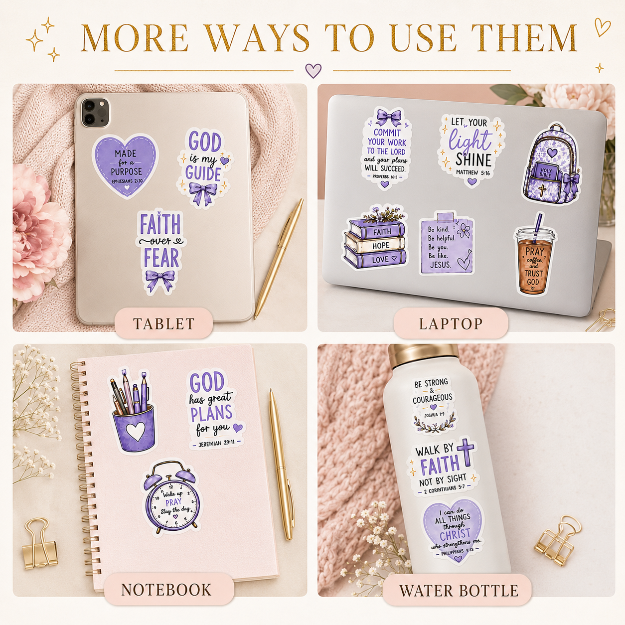 Purple Christian encouragement stickers displayed on a tablet, laptop, notebook and water bottle.