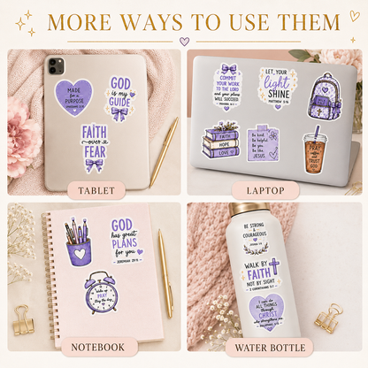 Purple Christian encouragement stickers displayed on a tablet, laptop, notebook and water bottle.