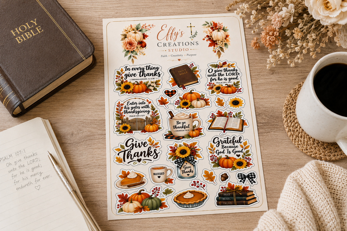 Christian Thanksgiving sticker sheet styled beside a Bible, coffee and fall decor