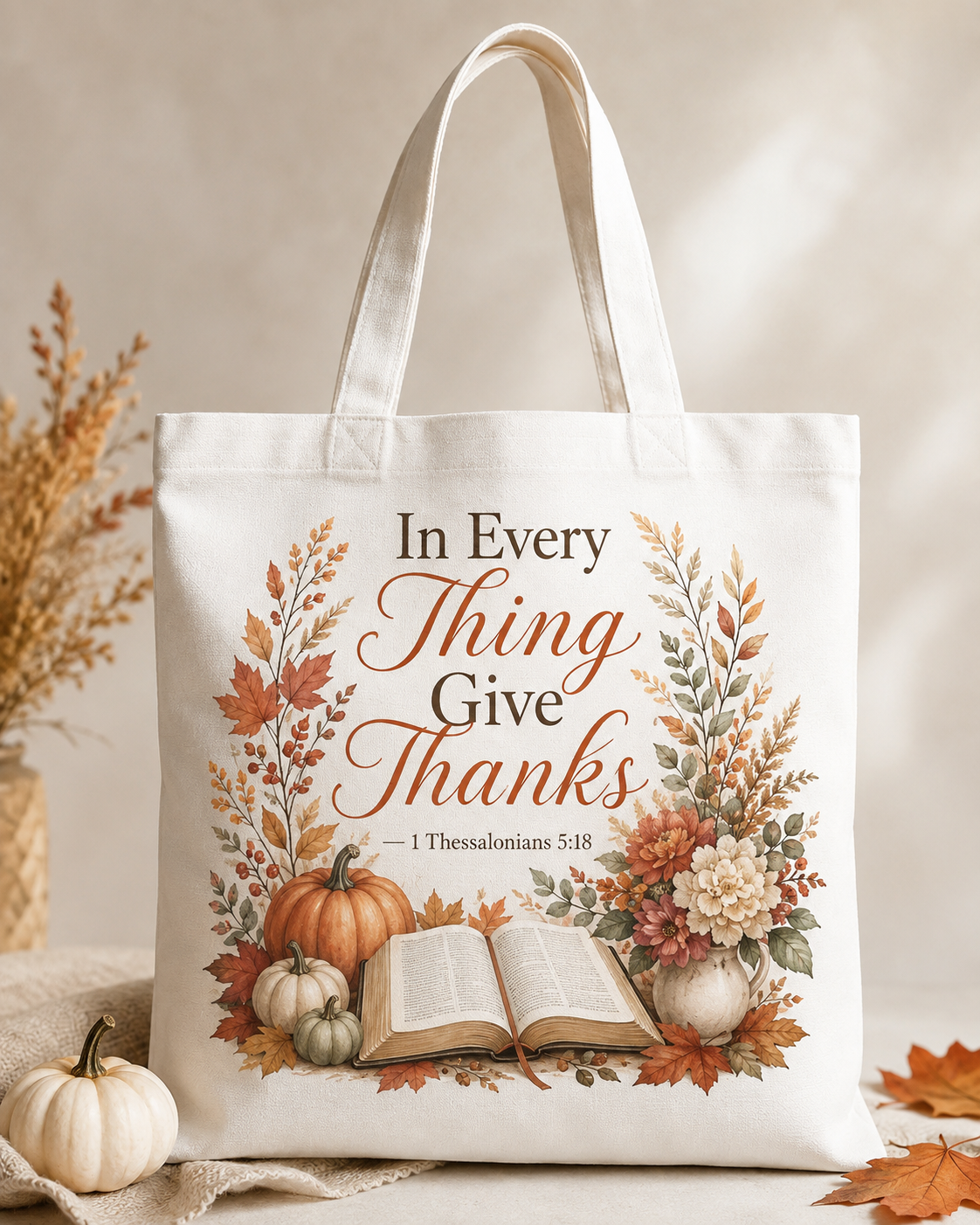 Natural canvas Christian Thanksgiving tote bag with autumn florals, pumpkins, an open Bible and 1 Thessalonians 5:18 KJV.