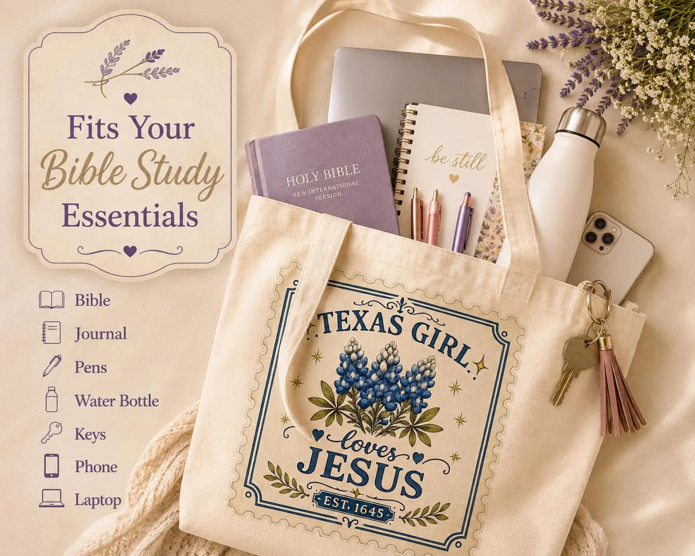 Christian Bible study bag styled with Bible, journal and faith supplies