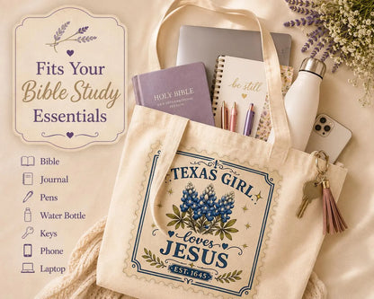 Christian Bible study bag styled with Bible, journal and faith supplies