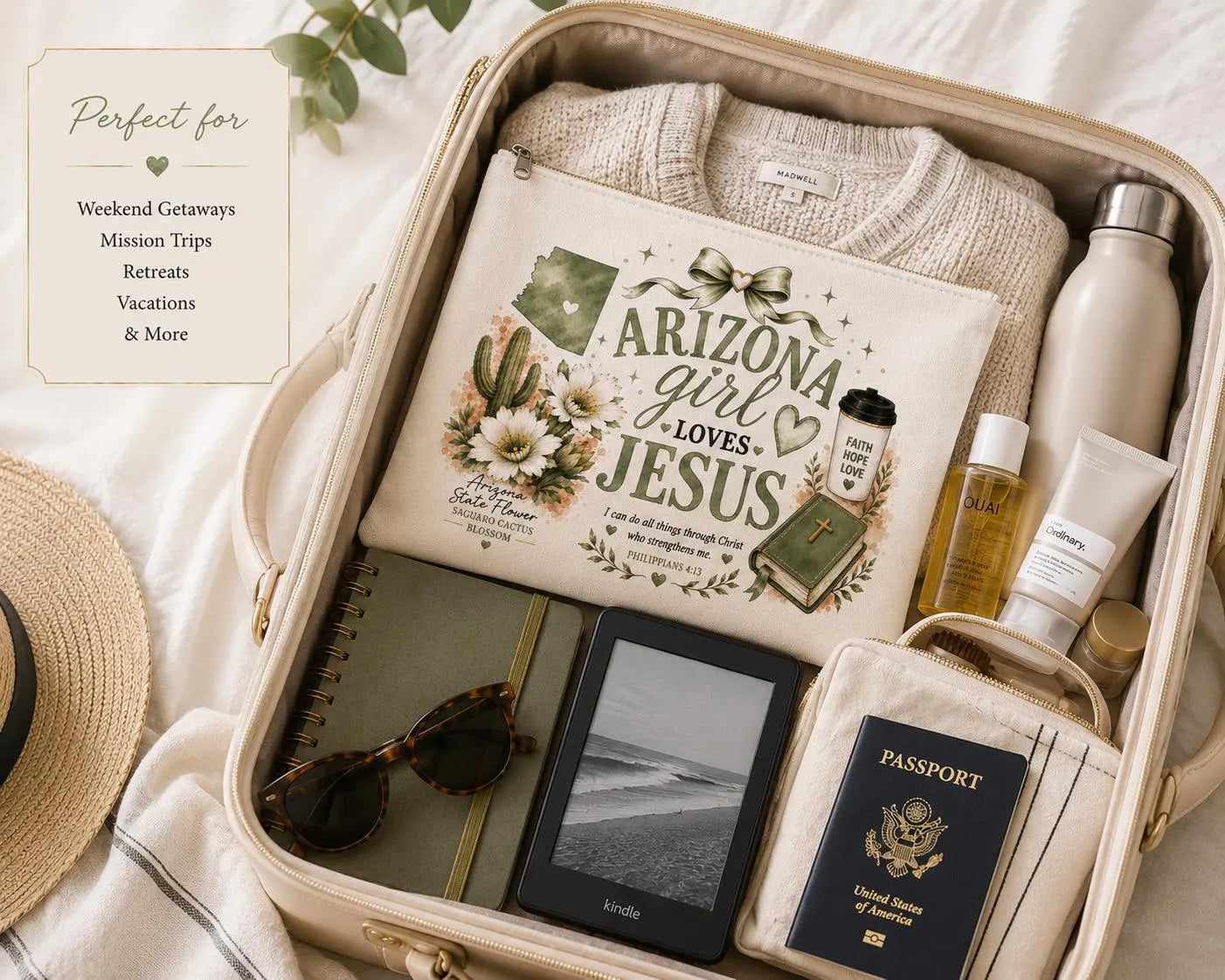 Christian travel makeup bag for women packed with toiletries and essentials