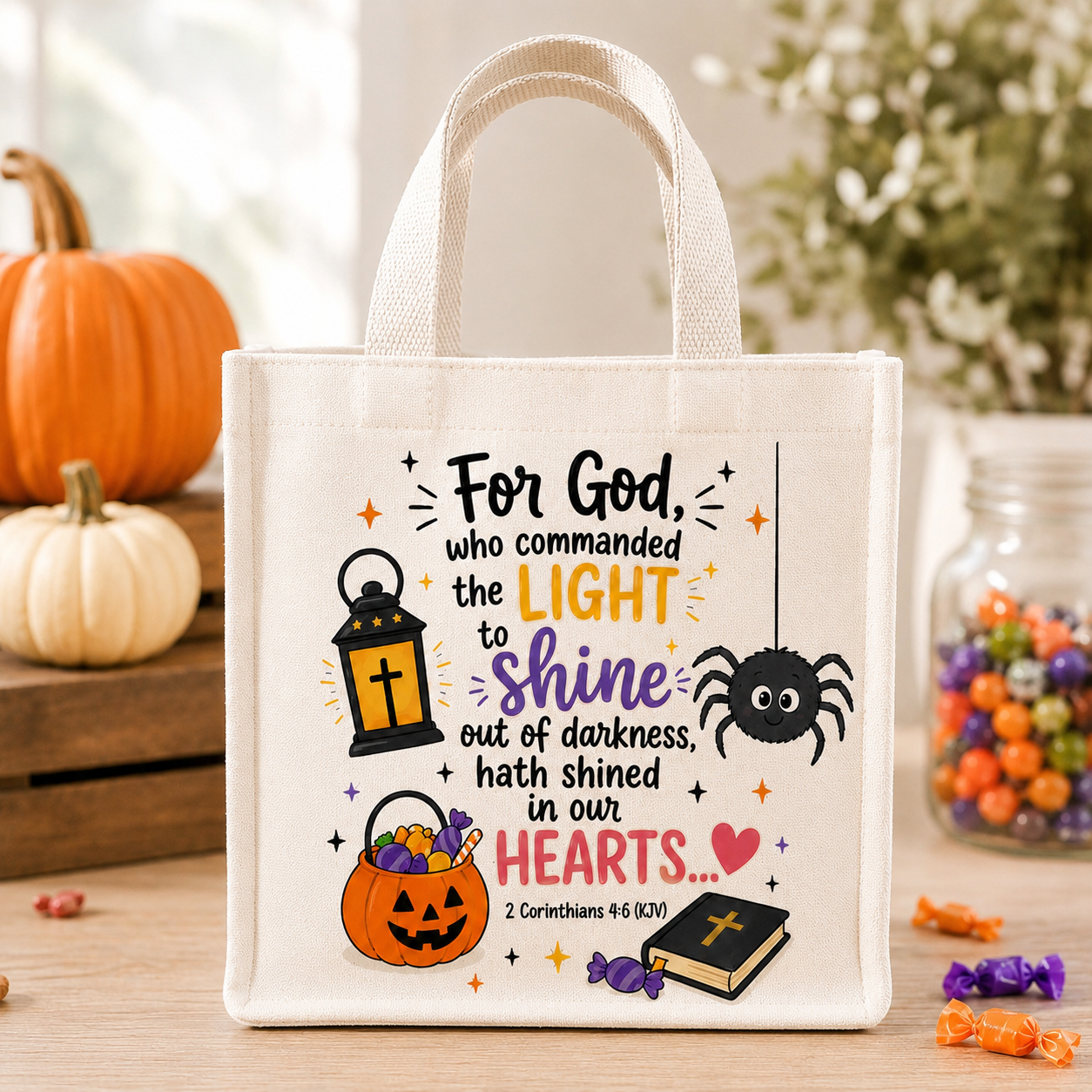 Christian 8x8 kids Trunk or Treat tote bag with 2 Corinthians 4:6 KJV design beside fall pumpkins and candy.

