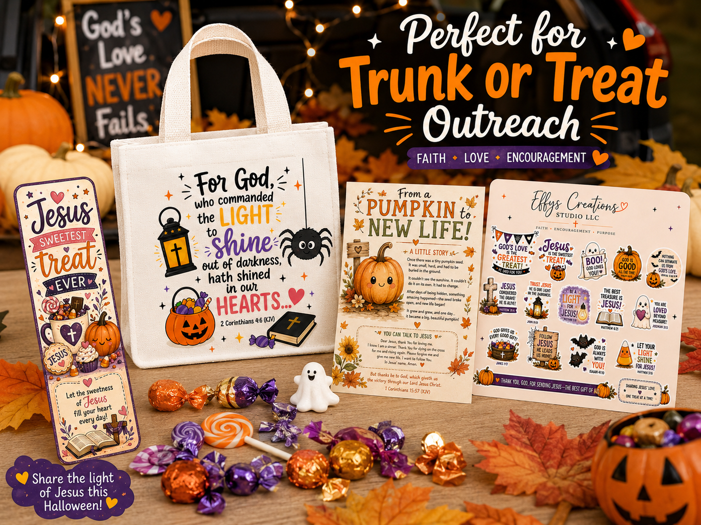 Christian Trunk or Treat outreach gift set with 8x8 tote bag, gospel tract, sticker sheet, bookmark, and candy.