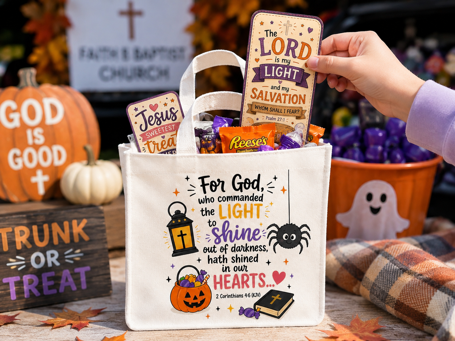 Christian kids Trunk or Treat tote bag filled with candy and faith-based outreach cards at a church fall event.