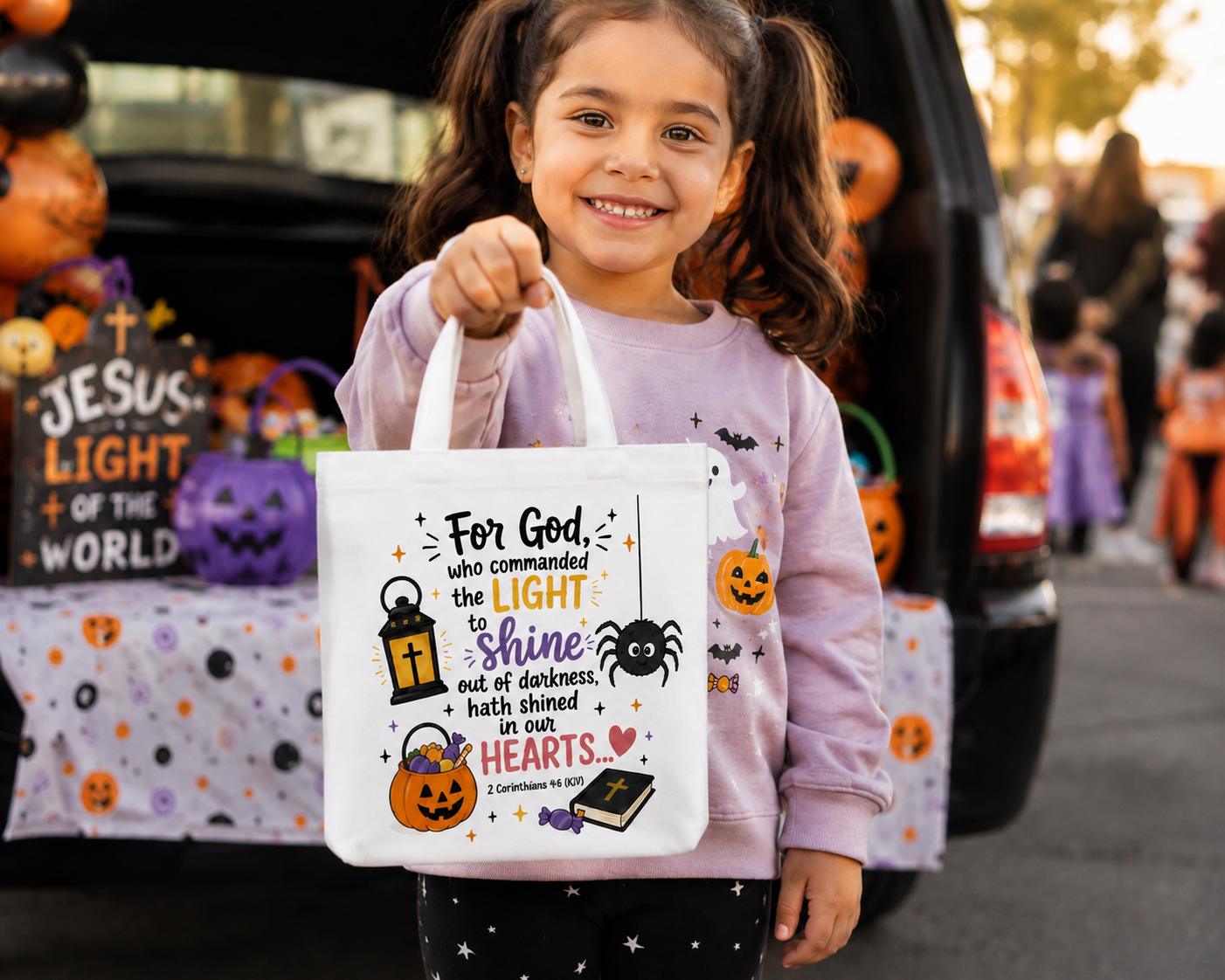 Child holding Christian Trunk or Treat tote bag at a church fall outreach event.