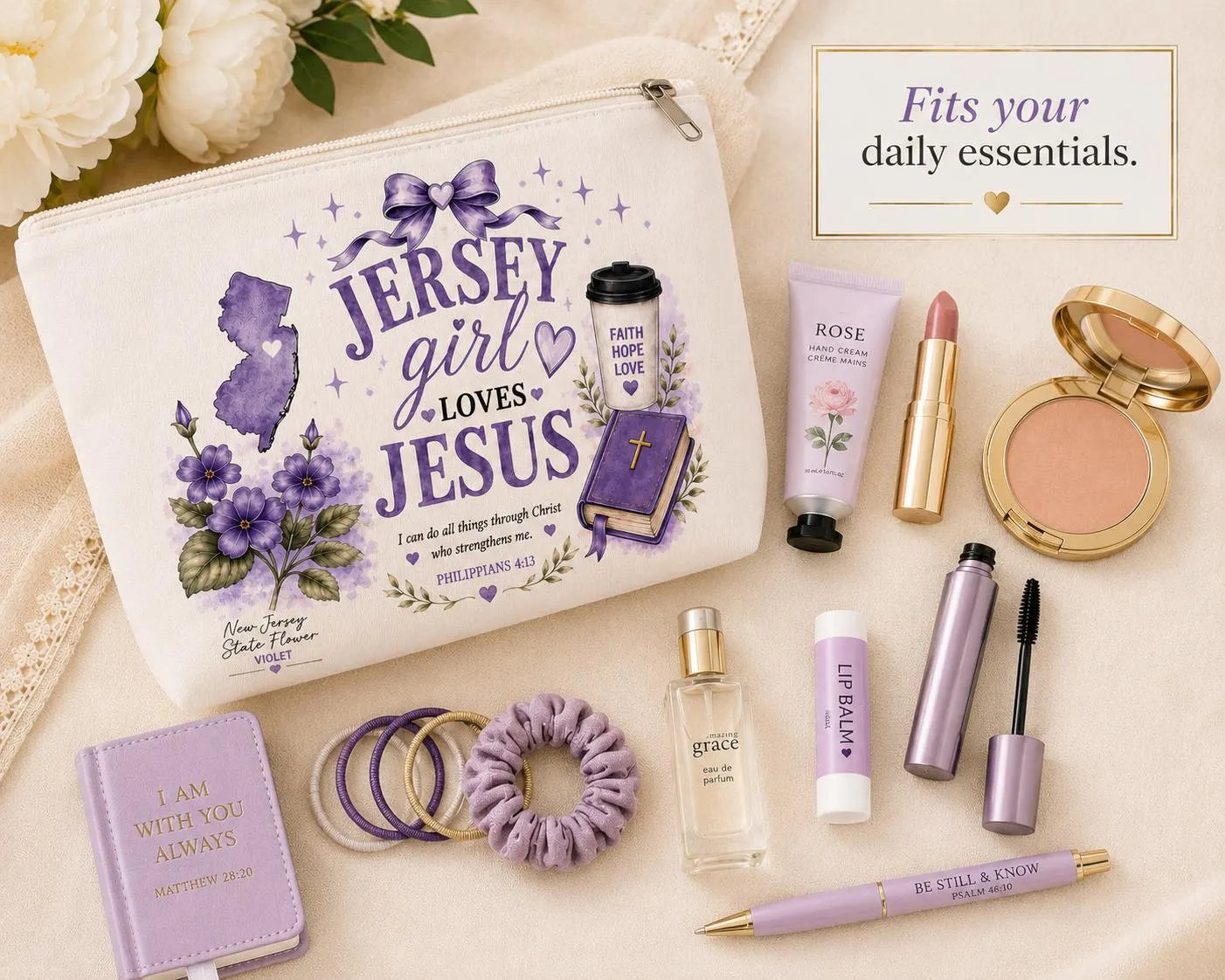Christian zipper pouch with makeup and everyday travel accessories