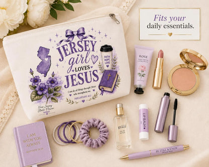 Christian zipper pouch with makeup and everyday travel accessories