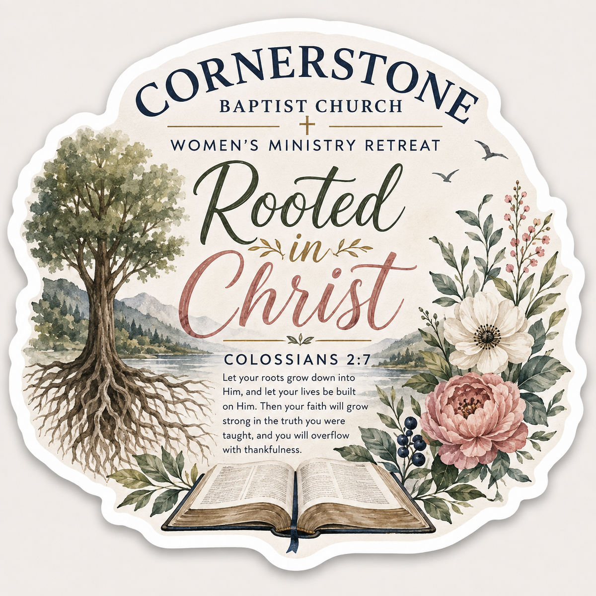 Personalized Rooted in Christ church sticker with Cornerstone Baptist Church details
