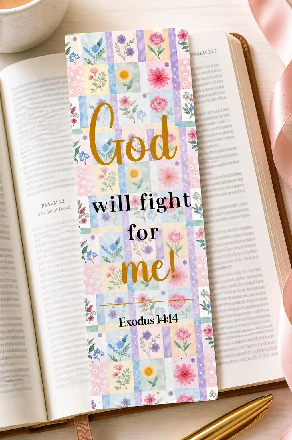 Exodus 14:14 Christian bookmark with colorful floral patchwork design