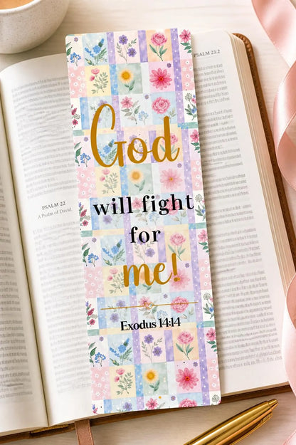Exodus 14:14 Christian bookmark with colorful floral patchwork design