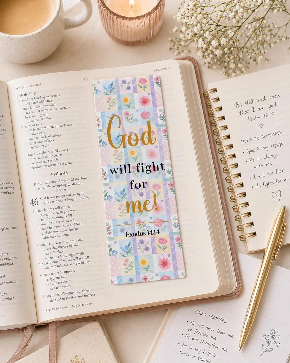 Exodus 14:14 Christian bookmark with colorful floral patchwork design