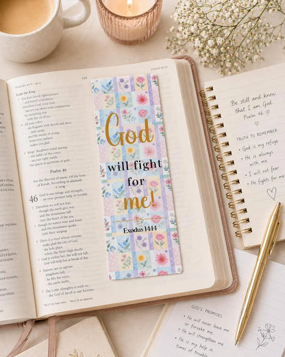 Exodus 14:14 Christian bookmark with colorful floral patchwork design