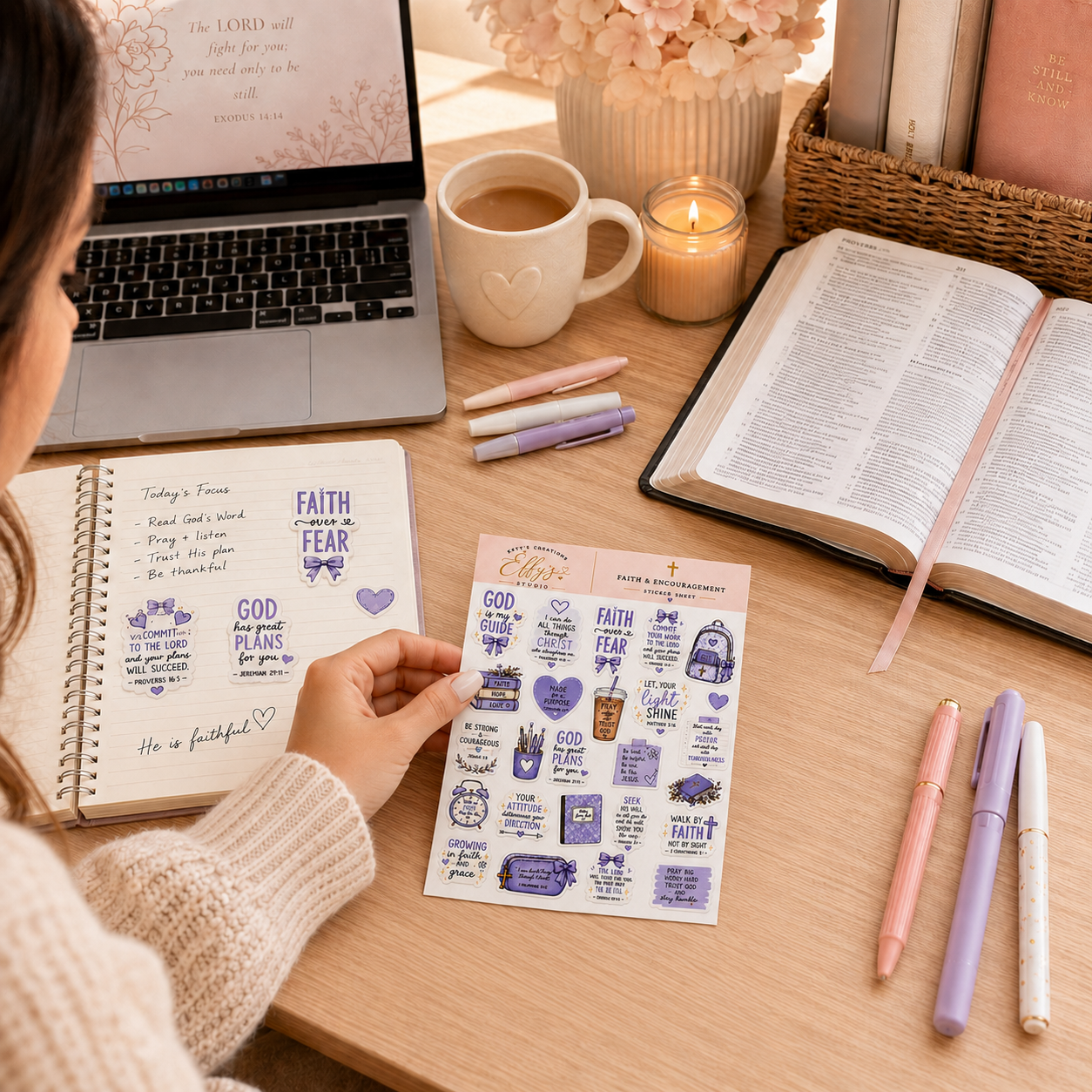 Christian faith sticker sheets styled with Bible study and journaling supplies on a cozy desk