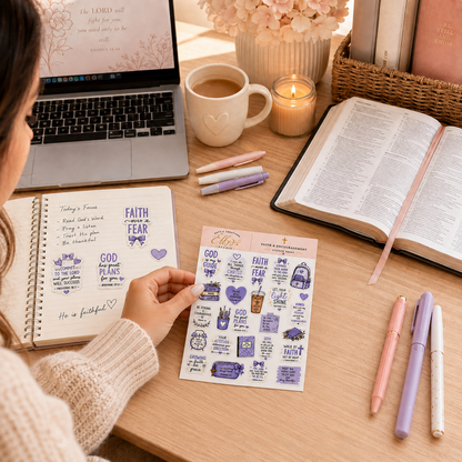 Christian faith sticker sheets styled with Bible study and journaling supplies on a cozy desk