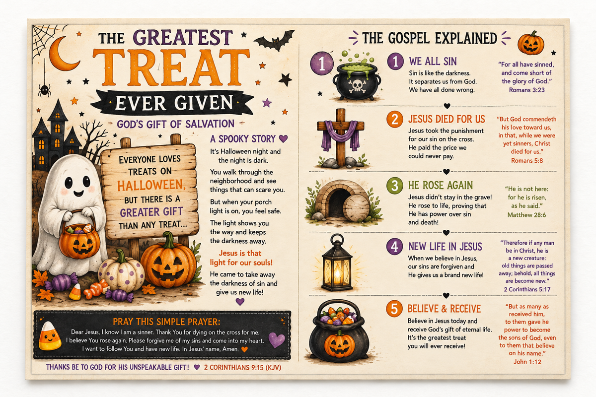 Close view of the tract’s illustrated story and five-part gospel explanation