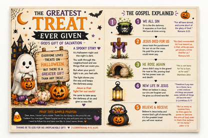 Close view of the tract’s illustrated story and five-part gospel explanation