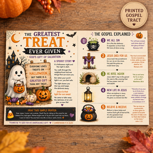 Printed “The Greatest Treat Ever Given” Halloween gospel tract with illustrated salvation message