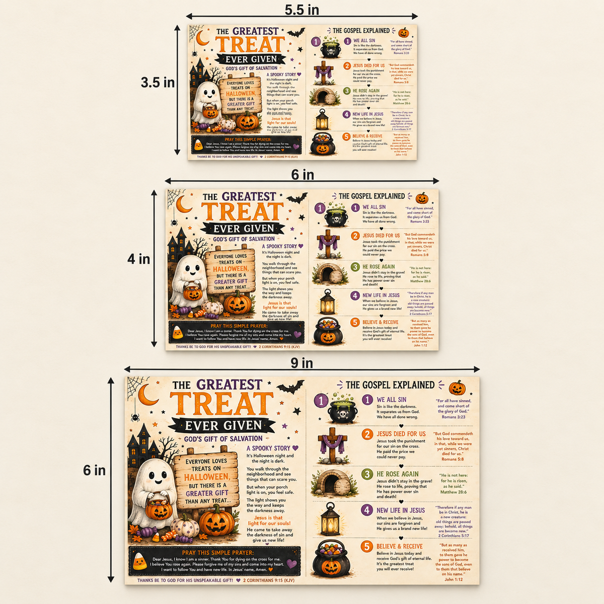 Printed Halloween gospel tract shown with its confirmed finished dimensions