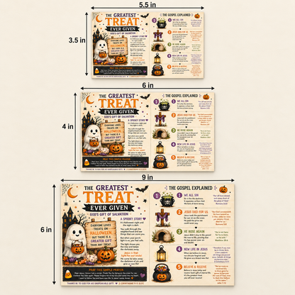 Printed Halloween gospel tract shown with its confirmed finished dimensions