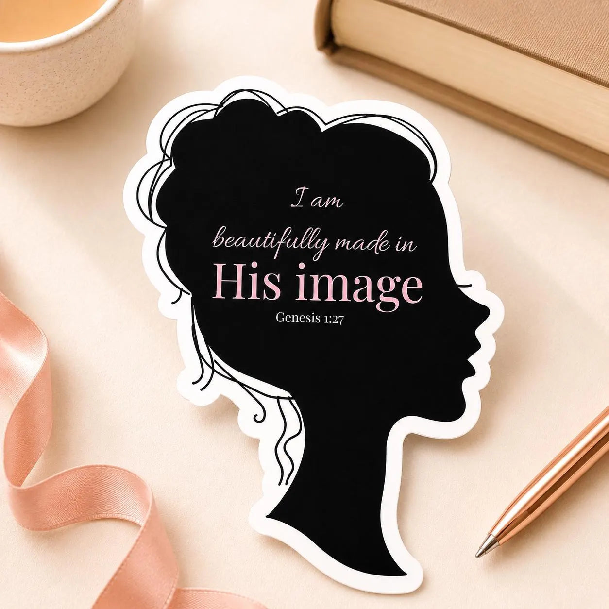 Made in His Image Christian sticker with Black woman silhouette and Genesis 1:27 message