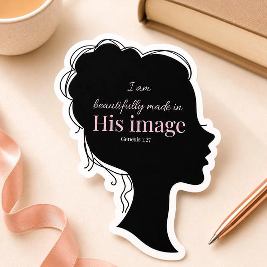 Made in His Image Christian sticker with Black woman silhouette and Genesis 1:27 message