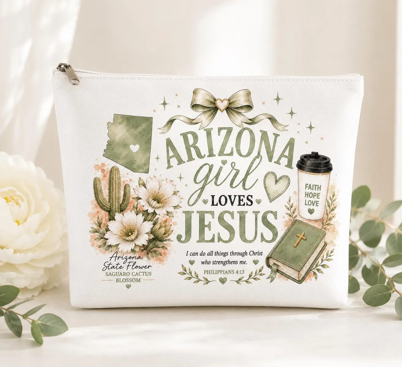 Christian makeup bag for women with feminine Arizona faith design