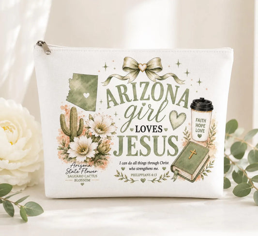Christian makeup bag for women with feminine Arizona faith design
