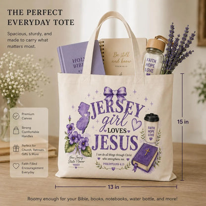 Jersey Girl Loves Jesus Christian tote bag shown with everyday Bible study essentials