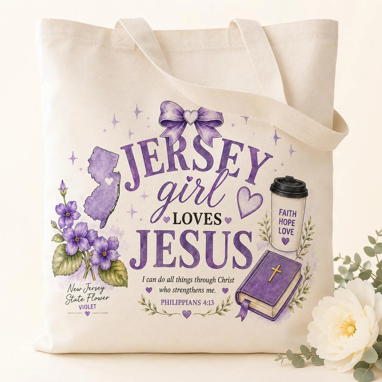Jersey Girl Loves Jesus Christian tote bag with purple New Jersey florals and Philippians 4:13