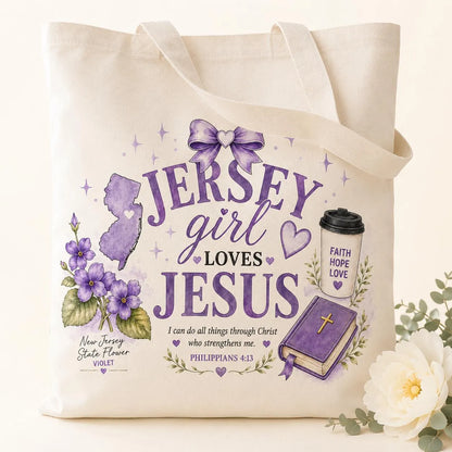 Jersey Girl Loves Jesus Christian tote bag with purple New Jersey florals and Philippians 4:13