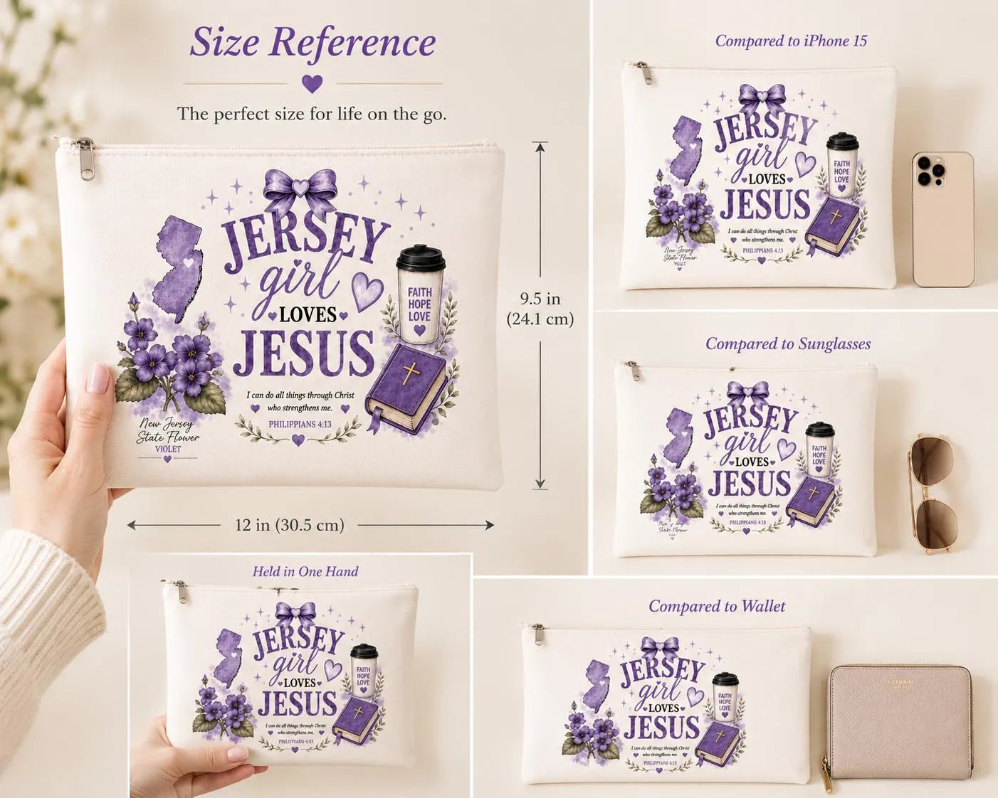 Jersey Girl Loves Jesus makeup bag showing faith-inspired design details