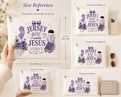 Jersey Girl Loves Jesus makeup bag showing faith-inspired design details