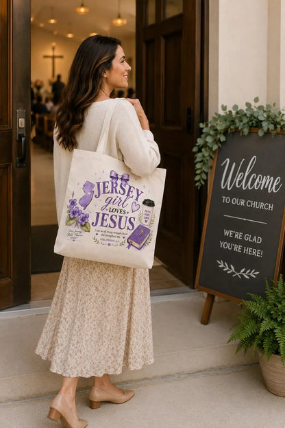 Woman carrying Jersey Girl Loves Jesus Christian canvas tote bag