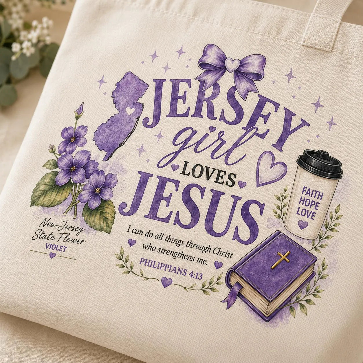 Close-up of lavender Jersey Girl Loves Jesus artwork on natural cotton canvas tote