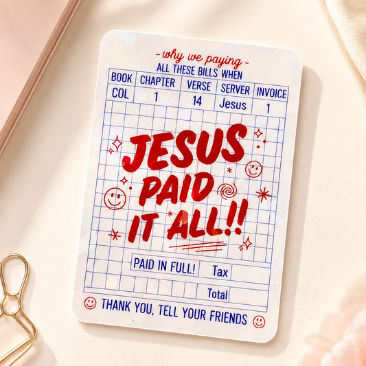 Jesus Paid It All Christian sticker with colorful faith-inspired notebook design
