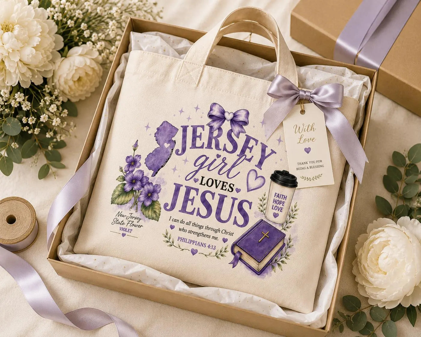 Jersey Girl Loves Jesus canvas tote styled as a meaningful New Jersey Christian gift