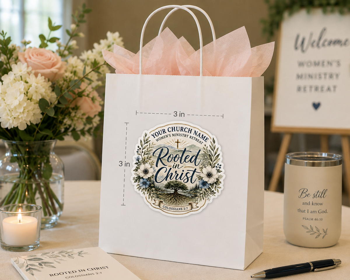 Personalized church sticker applied to a gift bag for a church or ministry event