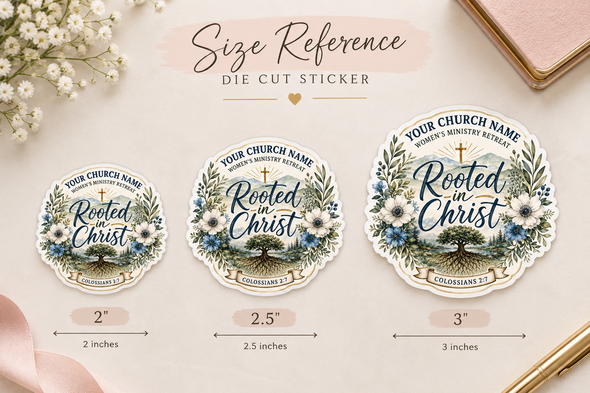 Personalized round sticker size comparison showing available sticker sizes