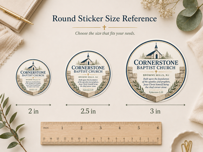 Personalized round sticker size comparison showing available sticker sizes