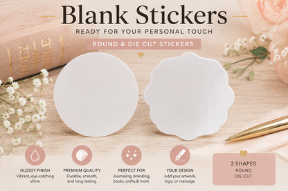 Blank personalized sticker options showing custom round sticker styles and sizes