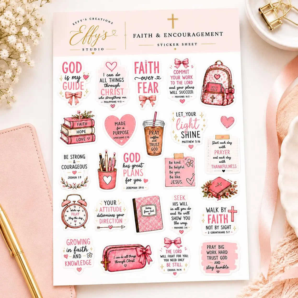 Pink Christian sticker sheet beside an open Bible and journal for Bible study and devotional journaling