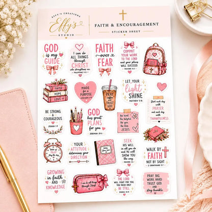 Pink Christian sticker sheet beside an open Bible and journal for Bible study and devotional journaling