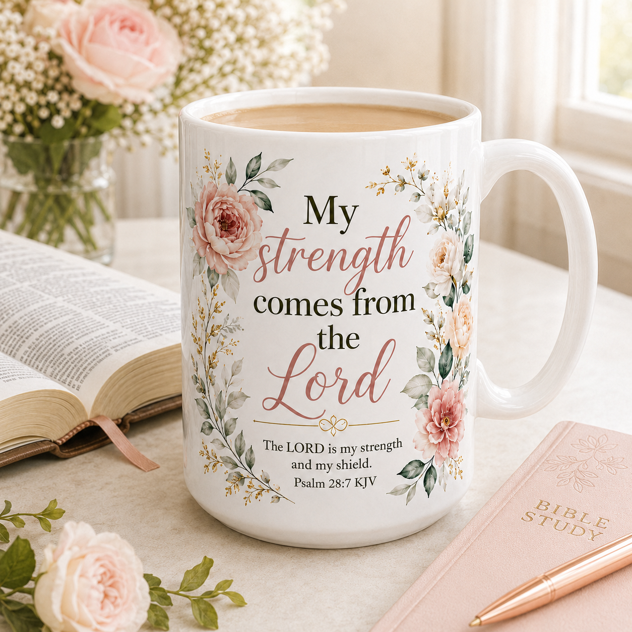 White 15 oz Christian mug with a floral Psalm 28:7 KJV design beside an open Bible and blush Bible study journal.
