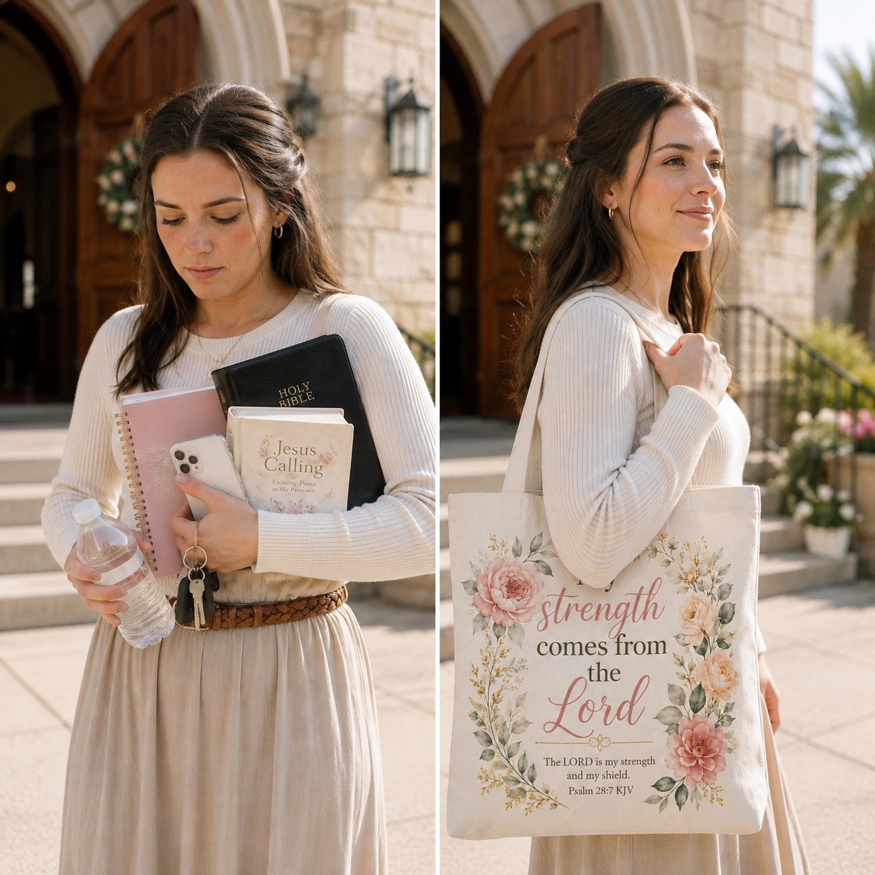 Before-and-after view of a Christian woman carrying church essentials by hand and then inside a floral Psalm 28:7 KJV tote bag.
