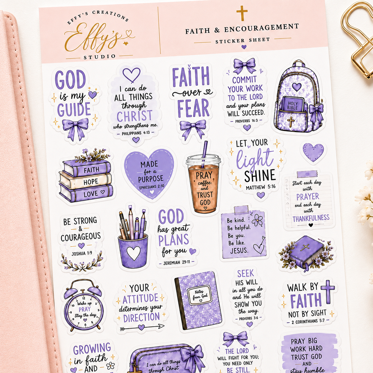Flat-lay view of a purple Christian faith and encouragement sticker sheet for Bible journaling and planners.