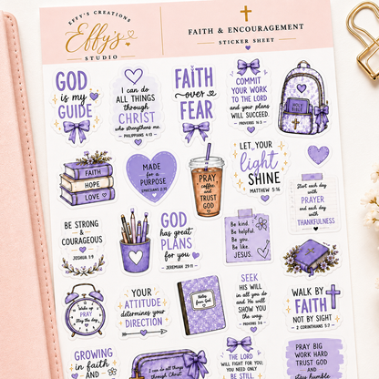 Flat-lay view of a purple Christian faith and encouragement sticker sheet for Bible journaling and planners.