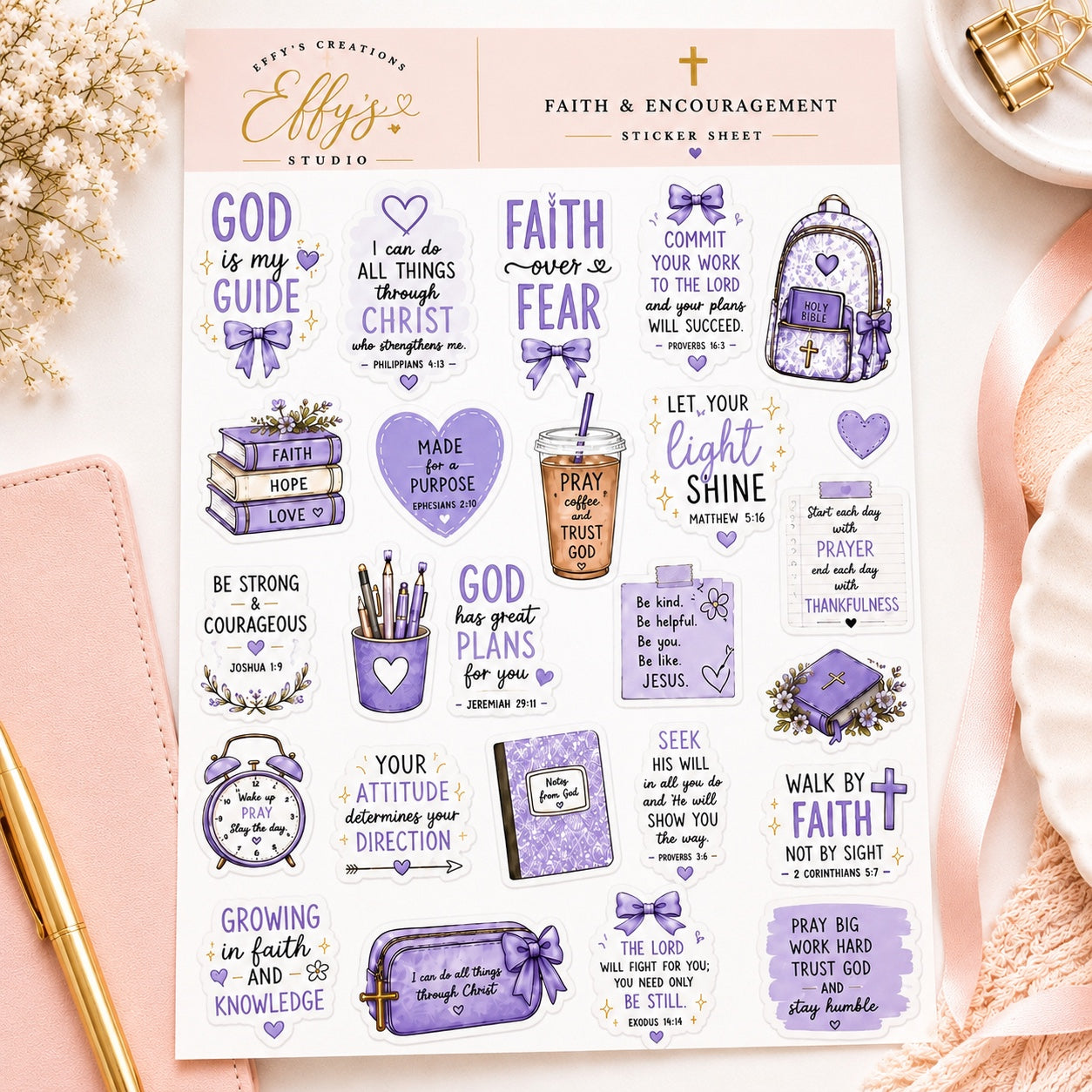 Purple Christian faith and encouragement sticker sheet with Bible verses, prayer and inspirational designs